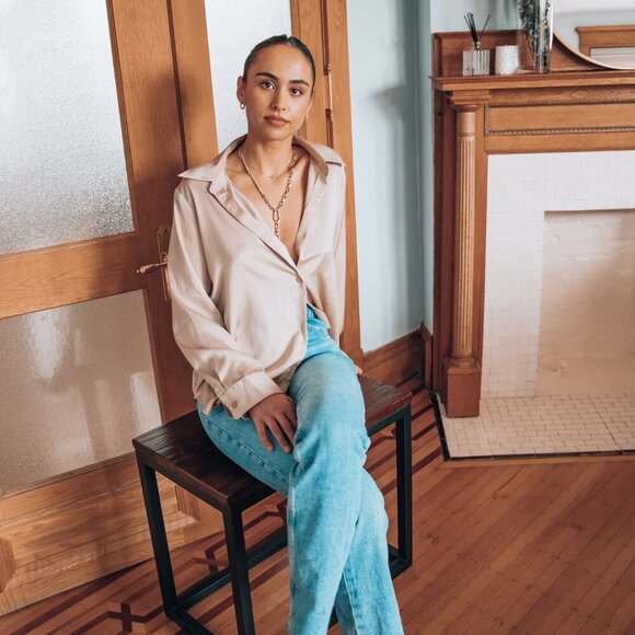 New Champagne Silky Button Down Blouse - Picture 5 of 5